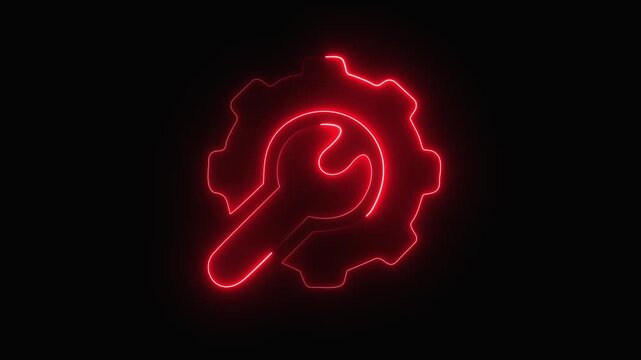 Neon gear and wrench animation, digital maintenance and technical support concept, glowing blue and purple sign on black icon