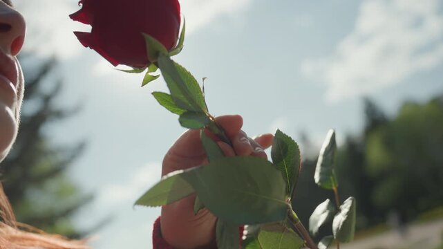 Close up of young woman smelling and holding red rose outdoors with sunlight. scene shows woman profile hand gripping flower stem against bright sky backdrop with soft focus on greenery