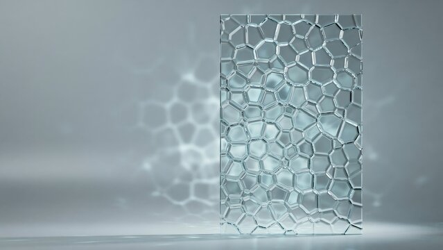 Voronoi pattern engraved on translucent glass &ndash; Ideal for architectural glass, material design, or light refraction.