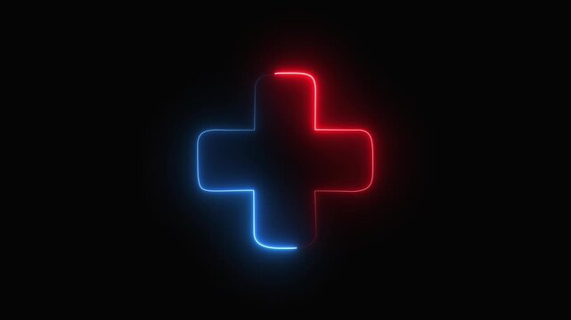 Neon line plus symbol icon simple positive plus icRed Blue)on concept on the transparent background. Positive technology sign. Motion graphics of neon Plus neon sign