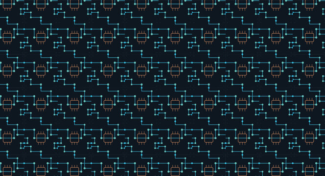 Digital circuit board pattern with microchips and connections