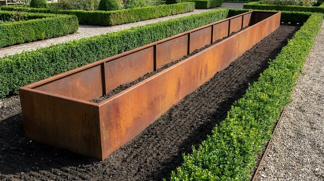 Weathered steel border for garden landscaping rustic metal planter enclosure in a manicured outdoor space prior to seasonal planting  corten steel garden edging flower bed formal plants