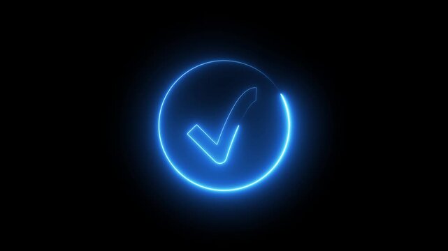 Neon checkmark sign icon animation glowing blue color success tick mark correct agree verify, positive, ok, finishing, checkbox icon sign symbol on black background	