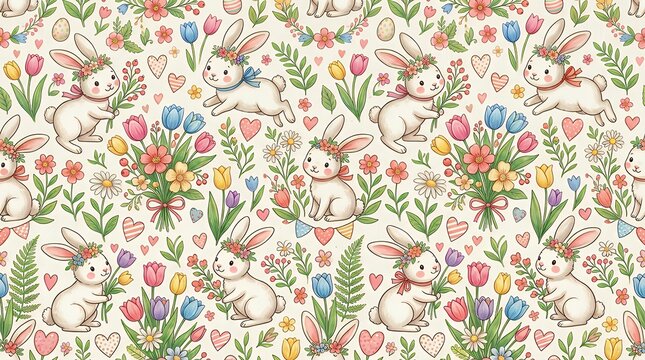 Spring Themed Repeating Pattern With Easter Bunny Motifs Floral Elements And Heart Shapes Festive Seamless Design For Seasonal Celebrations Cute Rabbit s Floral Accents Heart Decorations Background 