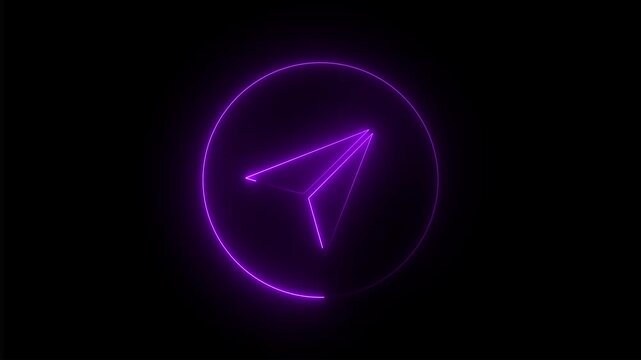 Glowing neon circle purple telegram icon animation,Neon telegram Paper Plane Motion, Paper Plane glowing neon sign appear in center and disappear after some time .