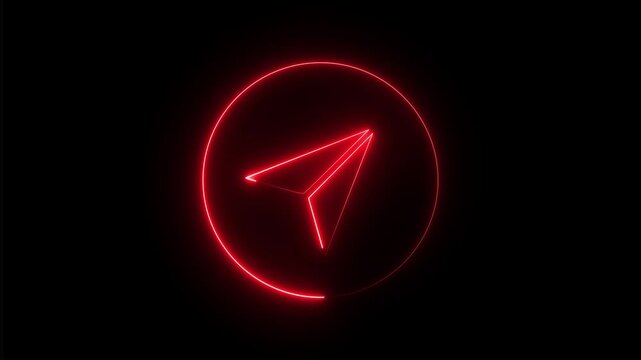 Glowing neon circle red telegram icon animation,Neon telegram Paper Plane Motion, Paper Plane glowing neon sign appear in center and disappear after some time .