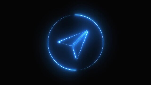 Glowing neon circle purple telegram icon animation,Neon telegram Paper Plane Motion, blue Plane glowing neon sign appear in center and disappear after some time .