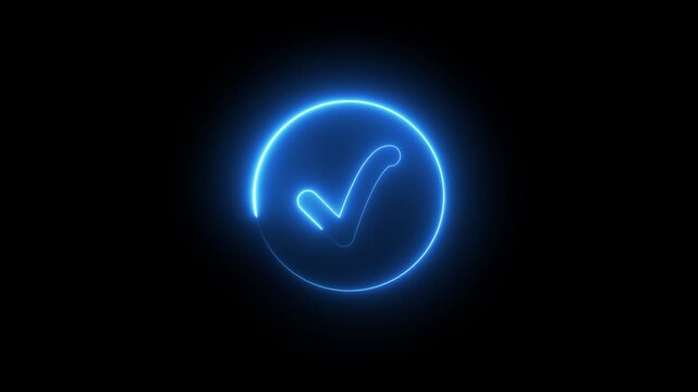 Neon checkmark sign icon animation glowing blue color success tick mark correct agree verify, positive, ok, finishing, checkbox icon sign symbol on black background	