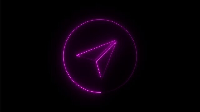 Glowing neon circle purple telegram icon animation,Neon telegram Paper Plane Motion, Paper Plane glowing neon sign appear in center and disappear after some time .