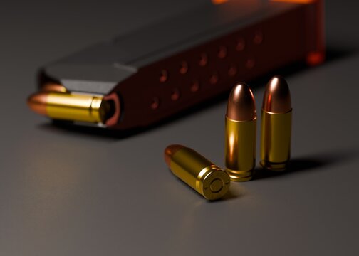 Golden 9mm Bullets with Gun Magazine on Dark Background 3D Illustration