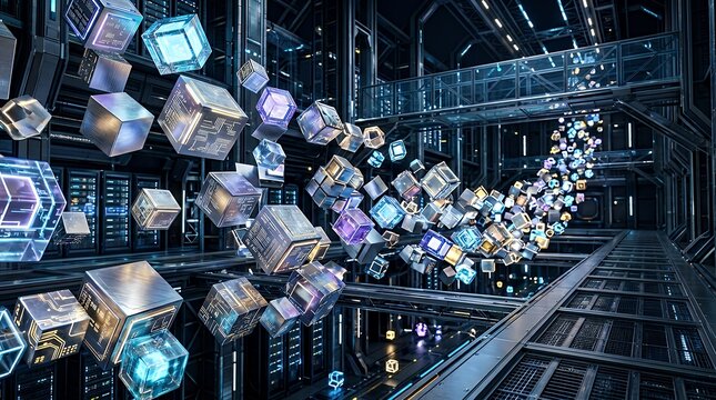 Digital intelligence visualized through floating geometric cubes in futuristic setting  Digital intelligence visualized through floating geometric cubes in futuristic setting AI technology machine