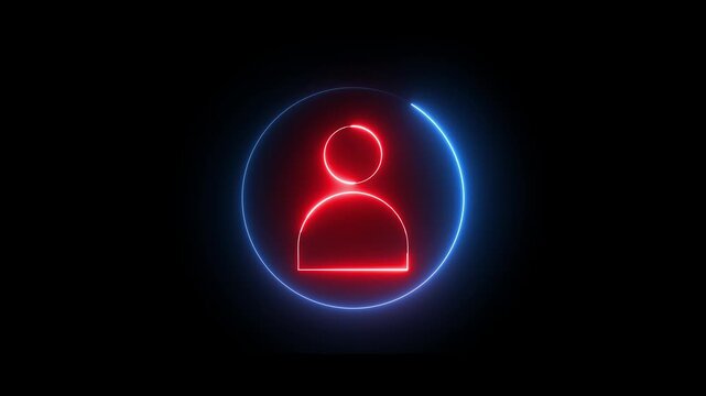Neon user sign icon animation glowing red and blue color contact profile people man male head account circle icon sign symbol on black background	