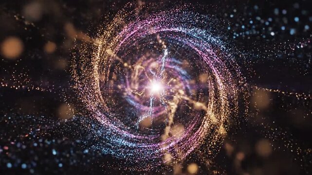Cosmic Swirl: A mesmerizing vortex of multicolored particles, resembling a distant galaxy or a powerful energy field, creates a dazzling display of light and motion.