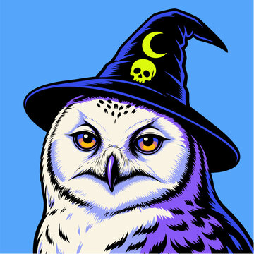 Snowy Owl in Wizard Hat with Crescent Moon and Skull Icon Pop Art Vector Illustration for Magical Fantasy Design, Halloween Party and Mystic Merch