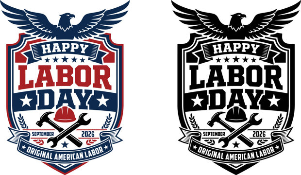 Happy labor day emblem with eagle, hammer, wrench, and hard hat