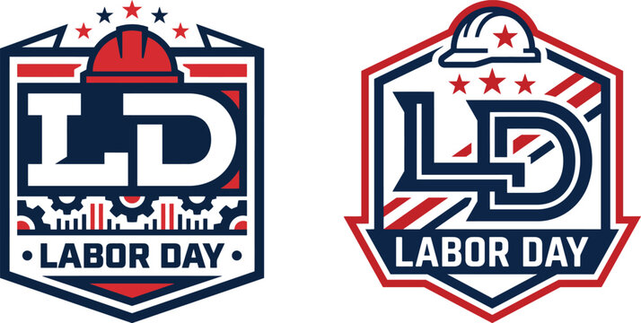 Labor day badge set with hard hat and gear symbols for construction and industrial worker celebration