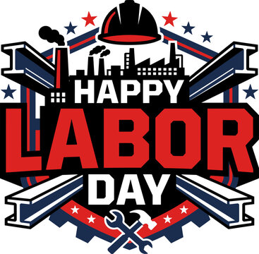 Happy labor day celebration emblem with industrial tools, hard hat, and factory silhouette