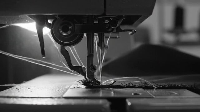 Close up view of a sewing machine stitching fabric in monochrome, demonstrating needlework process