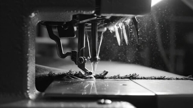 Close up view of a sewing machine needle puncturing dark fabric, creative tailoring concept