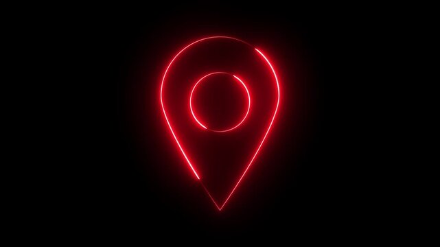 Neon location sign icon animation glowing red color journey map travel direction tracking position search address place sign symbol on black background