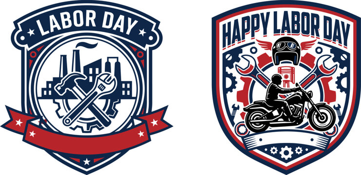Set of labor day emblems with industrial factory and motorcycle rider symbols