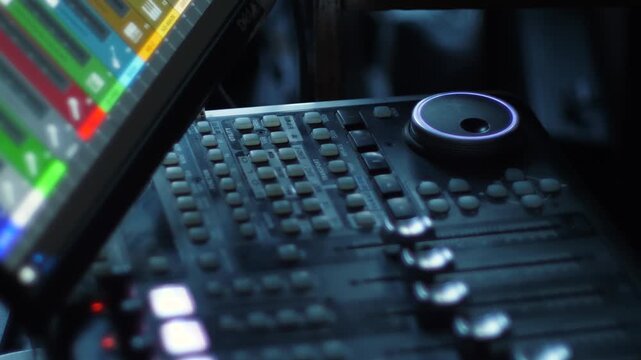 Close-up of a sound engineer's hand rotating an illuminated jog wheel on a digital mixing console in the studio. A music producer adjusts audio parameters 