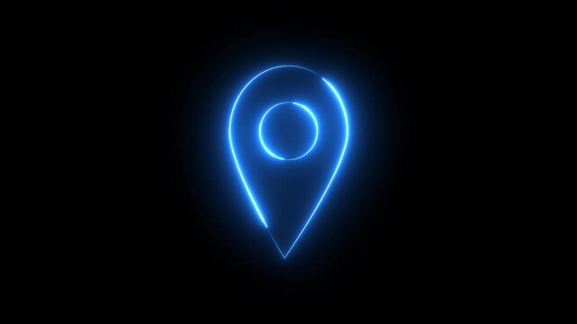 Neon location sign icon animation glowing blue color journey map travel direction tracking position search address place sign symbol on black background