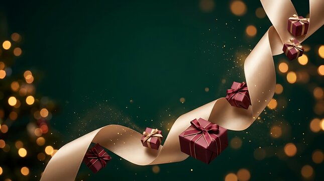 Festive dark green background with flowing gold ribbon and small burgundy gift boxes for christmas celebration