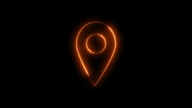 Neon location sign icon animation glowing orange color journey map travel direction tracking position search address place sign symbol on black background