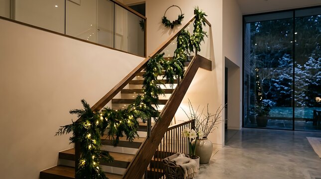 Modern staircase decorated with evergreen garland and warm fairy lights for christmas interior home decor