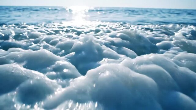 Ocean Foam and Sun Glint: Close-up view of textured ocean foam and waves, with the sun glinting on the water's surface, creating a serene and abstract natural beauty.