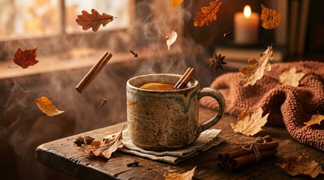 Steaming autumn spiced tea in ceramic mug with levitating fall leaves and cinnamon sticks on rustic table for cozy first day of fall.