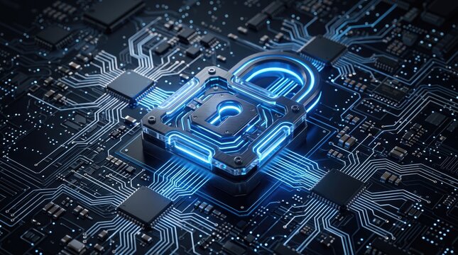 A detailed digital lock symbol on a circuit board, showcasing the fusion of security and technology.