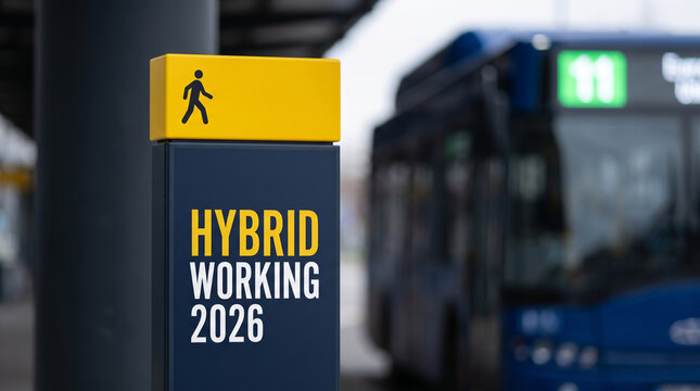 Hybrid working sign bus commute city Hybrid working concept sign near bus stop urban. remote flexible freelance work. online home office workplace, employee job management, communication form