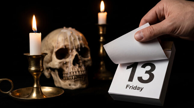 Burning candle beside skull and Friday calendar creating eerie Halloween symbolism. Gothic dark halloween horror. skeleton bone death fear, occult ritual magic mystical mystery fantasy