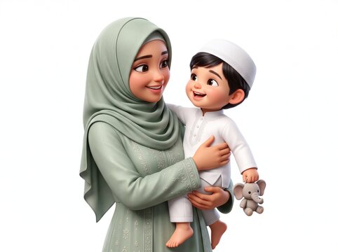 A loving Muslim mother in a hijab gently holding her young son wearing a kufi hat, both smiling warmly on a white background