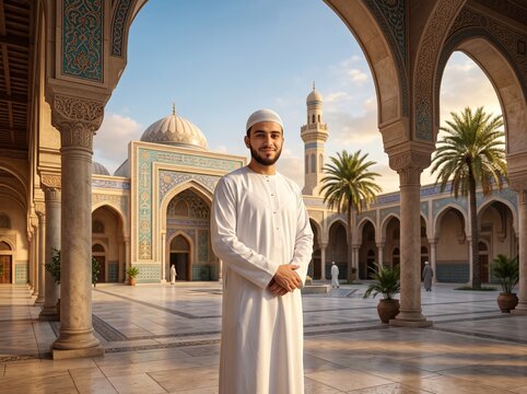 A smiling young Arab man in traditional white attire standing in a beautiful mosque courtyard under a clear blue sky