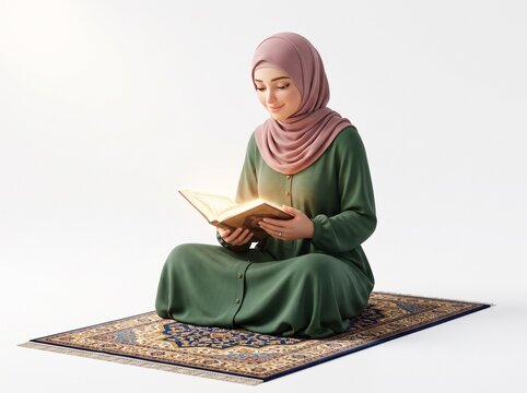 Young woman in a hijab deeply immersed in reading a glowing sacred text while sitting peacefully on a prayer mat, symbolizing devotion and spiritual reflection