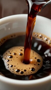 Dark Espresso Coffee Pouring into White Cup with Golden Crema Foam and Copy Space