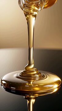 Golden Facial Oil Pouring on Reflective Black Glass Surface with Copy Space