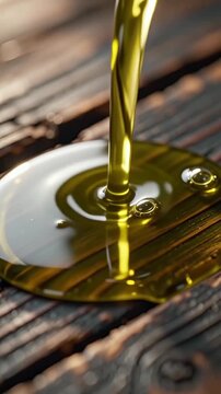 Golden Extra Virgin Olive Oil Pouring on Rustic Dark Wood Surface with Copy Space