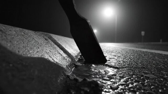 Black and White Still of a Chisel Cutting into a Concrete Curb Alongside a Road and Puddle at Night