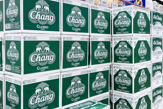Hatyai, Thailand - Aug 25,  2026: Stacks of Chang Classic beer cartons displayed in retail store.