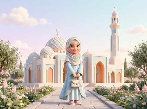Charming Muslim girl in a pastel hijab, standing joyfully in a serene mosque garden, embodying the gentle spirit of cultural celebration and faith