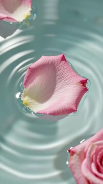 Fresh Rose Petal Floating on Clear Water Surface with Copy Space