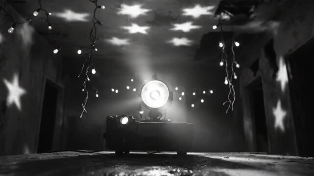 Black and white film projector illuminates a room with star light effects and string lights, creating a magical atmosphere.