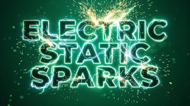 Luminous green electric static sparks text effect with glowing lightning bolts, energetic power discharge, and fiery spark particles.