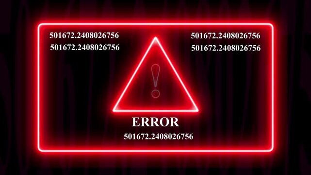 Error Glowing red neon error message warning sign with rapidly changing digital data streams and mathematical coordinates on a dark background, for cybersecurity, system, failure, and technical glitch