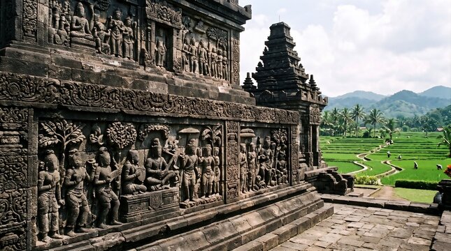 Ancient Stone Temple Reliefs Overlooking Lush Rice Terraces in the Indonesian Countryside