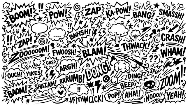 Comic sound effects set with hand-drawn illustrations featuring explosion, impact, and burst with dialogue, onomatopoeia, and action lines